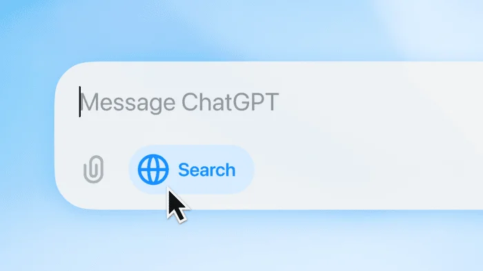موتور جستجو چیست؟ +۲۱ موتور جستجوی برتر جهان 13 کادر Message ChatGPT با دکمه Search و نشانگر ماوس برای SearchGPT