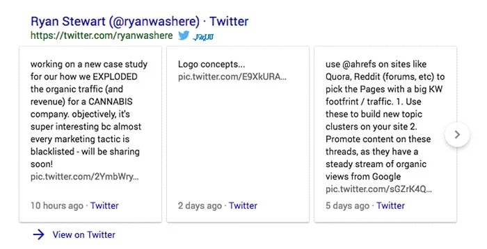 کاروسل توییت‌های Ryan Stewart در نتایج گوگل، اشتراک‌گذاری صفحات در Twitter