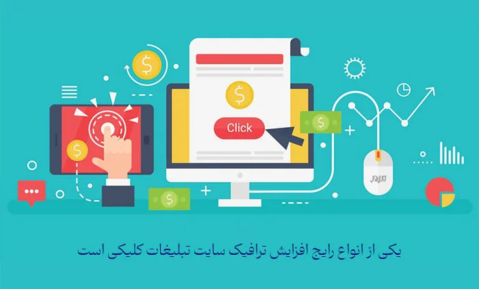 کلیک روی تبلیغ در گوشی و مانیتور با دکمه Click و نماد دلار