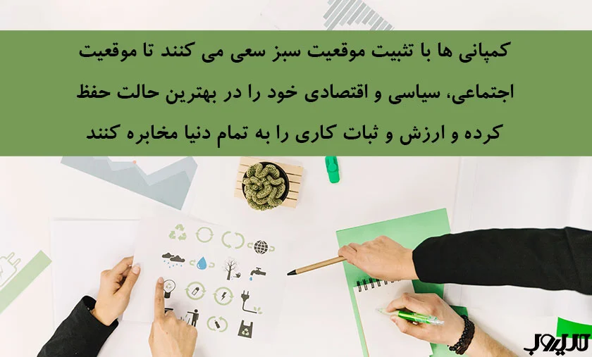 کمپانی ها با تثبیت موقعیت سبز سعی می کنند تا موقعیت اجتماعی سیاسی و اقتصادی خود را در بهترین حالت حفظ کرده و ارزش و ثبات کاری را به تمام دنیا مخابره کنند 