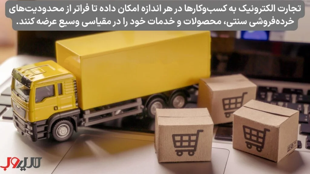 عکس نوشته ای درباره اینکه تجارت الکترونیک به کسب و کارها در هر اندازه امکان داده تا فراتر از محدودیت های خرده فروشی سنتی ، محصولات و خدمات خور را در مقیاسی وسیع عرضه کنند