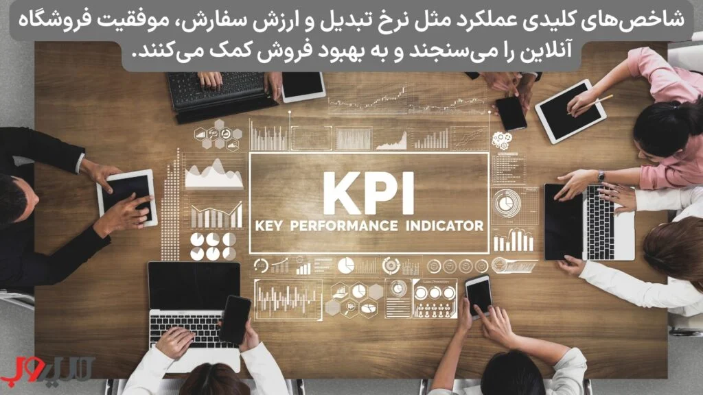 عکس نوشته ای درباره اینکه شاخص های کلیدی عملکرد مثل نرخ تبدیل و ارزش سفارش ،موفقیت فروشگاه آنلاین را می سنجد و به بهبود فروش کمک می کنند