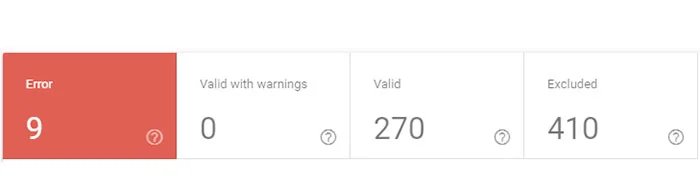 آشنایی با خطاهای سرچ کنسول گوگل و راهنمای رفع آنها 2 چهار کادر وضعیت Error، Valid with warnings، Valid و Excluded با اعداد