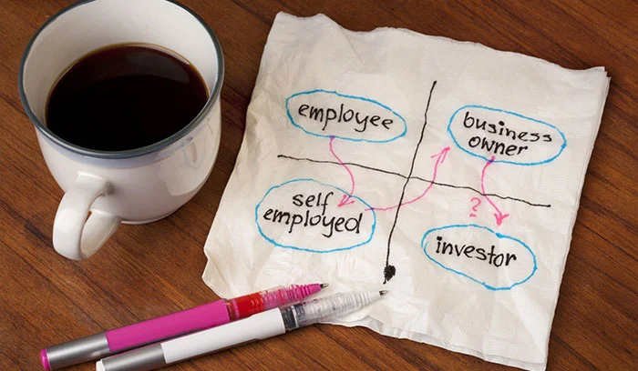 دستمال کاغذی با نمودار employee، business owner و investor کنار فنجان قهوه