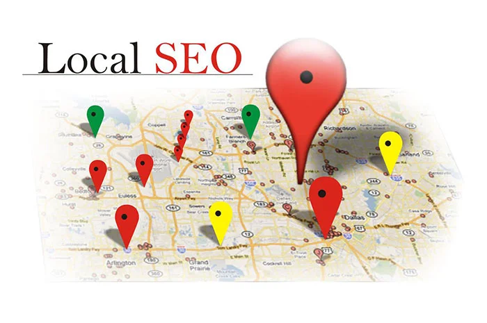 نقشه شهر با پین‌های رنگی مکان و عنوان Local SEO