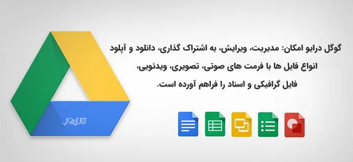 لوگوی گوگل درایو با آیکون‌های Docs، Sheets و Slides و متن امکانات مدیریت فایل