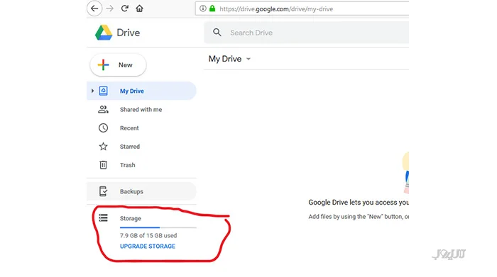 بخش Storage در گوگل درایو با میزان فضای مصرف‌شده از ۱۵ گیگابایت