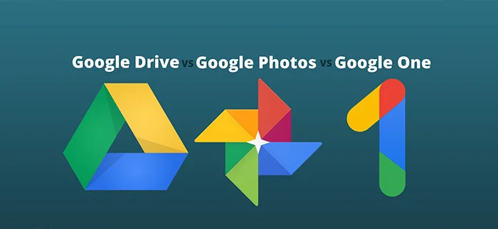 مقایسه لوگوهای Google Drive، Google Photos و Google One روی زمینه سبزآبی