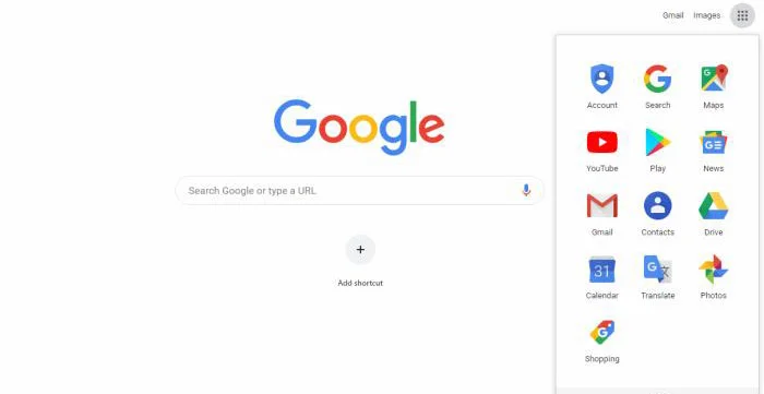 صفحه گوگل کروم با منوی Google apps و آیکون Drive
