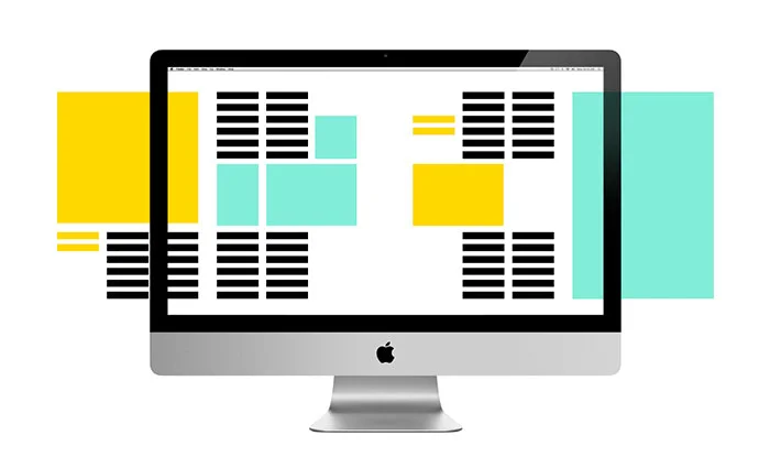 مانیتور iMac با چیدمان بلوک‌های زرد و فیروزه‌ای، باید و نبایدهای طراحی رابط