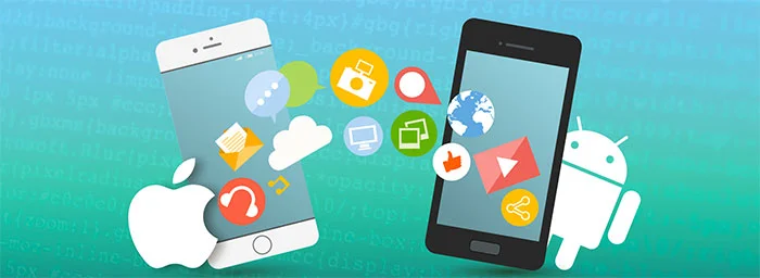 دو گوشی iOS و Android با آیکون‌های رنگی اپلیکیشن، تکنیک‌های UI