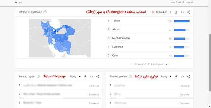 آموزش گوگل ترندز؛ چطور از این ابزار برای رشد کسبوکارمان استفاده کنیم؟ 5 نقشه Interest by subregion ایران و بخشهای Related topics و Related queries