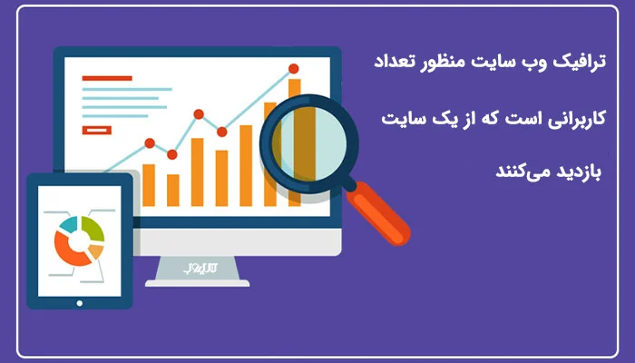 مانیتور با نمودار میله‌ای و ذره‌بین نارنجی با متن تعریف ترافیک وب سایت