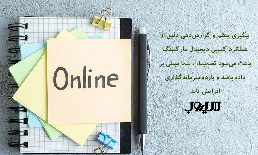 عکس نوشته درباره اینکه پیگیری منظم و گزارش دهی دقی از عملکرد کمپین دیجیتال مارکتینگ باعث می شود تصمیمات شما مبتنی بر داده باشد و بازده سرمایه گذاری افزایش یابد