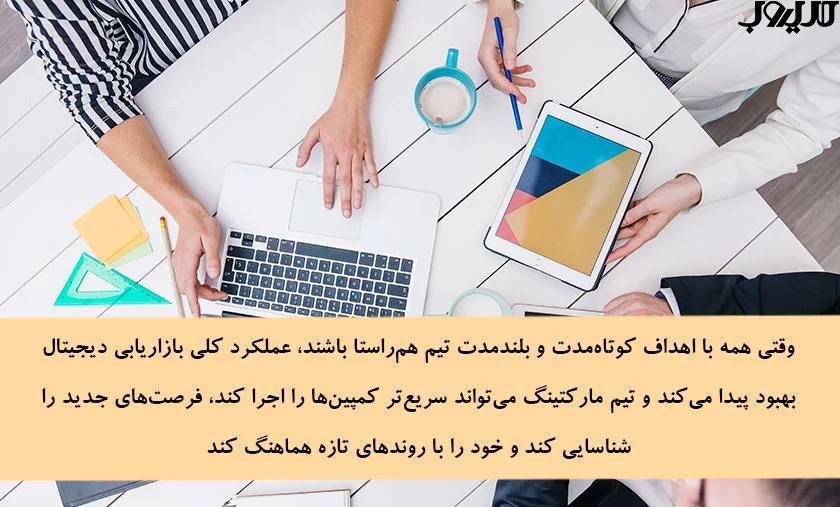 13 عضو کلیدی تیم دیجیتال مارکتینگ 1 وقتی همه با اهداف کوتاه مدت و بلند مدت تیم هم راستا باشند عملکرد کلی بازاریابی دیجیتال بهبود پیدا می کند و تیم مارکتینگ می تواند سریاع تر کمپین ها را اجرا کند فرصت های جدید را شناسایی کند و خود را با روند های تازه هماهنگ کند
