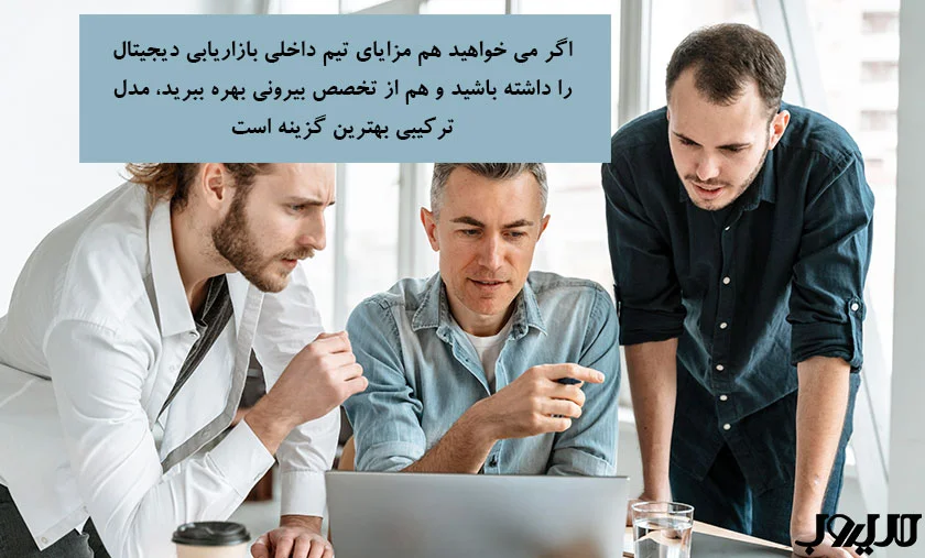 13 عضو کلیدی تیم دیجیتال مارکتینگ 7 عکس نوشته ای درباره اینکه اگر میخواهید هم مزایای تیم داخلی بازاریابی دیجیتال را داشته باشید و هم از تخصص بیرونی بهره ببرید، مدل ترکیبی بهترین گزینه است.
