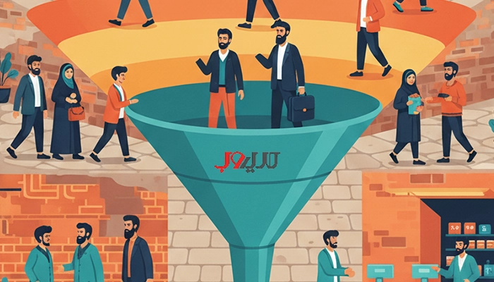 استراتژی بازاریابی محتوایی چیست؟ راهنمای تدوین استراتژی بازاریابی محتوایی 3 قیف بازاریابی محتوایی که به صورت یک بازارچه سنتی ایرانی به تصویر کشیده شده است
