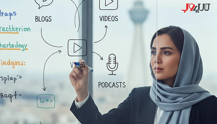 استراتژی بازاریابی محتوایی چیست؟ راهنمای تدوین استراتژی بازاریابی محتوایی 1 تصویر وکتور یک متخصص بازاریابی محتوایی ایرانی در حال طراحی نقشه استراتژی محتوا.
