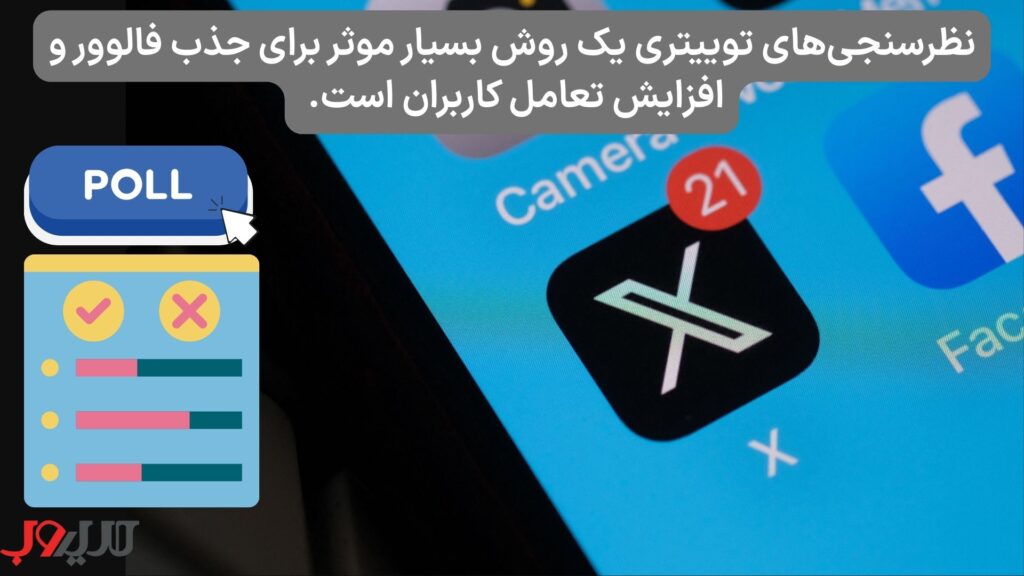 عکس نوشته ای درباره اینکه نظرسنجی‌های توییتری یک روش بسیار موثر برای جذب فالوور و افزایش تعامل کاربران است. 