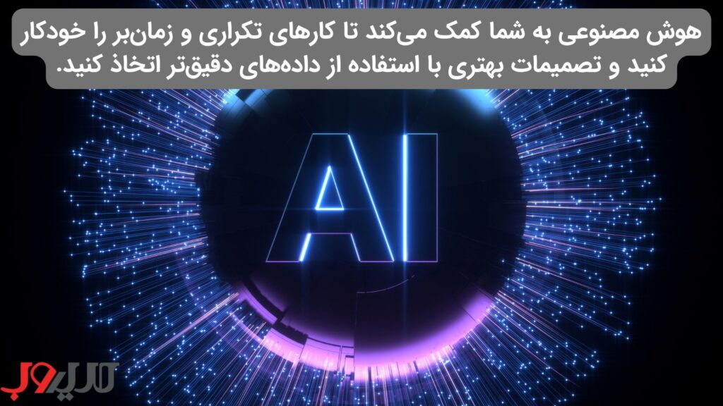 راهنمای جامع راهاندازی استارتاپ در ایران (نقشه راه ۱۴۰۴) 11 عکس نوشته ای درباره اینکه هوش مصنوعی به شما کمک میکند تا کارهای تکراری و زمانبر را خودکار کنید، عملکرد کسبوکارتان را بهبود ببخشید و تصمیمات بهتری با استفاده از دادههای دقیقتر اتخاذ کنید.