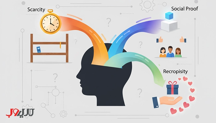 نمایش اصول روانشناسی در کپی رایتینگ مانند کمیابی، اثبات اجتماعی و عمل متقابل.