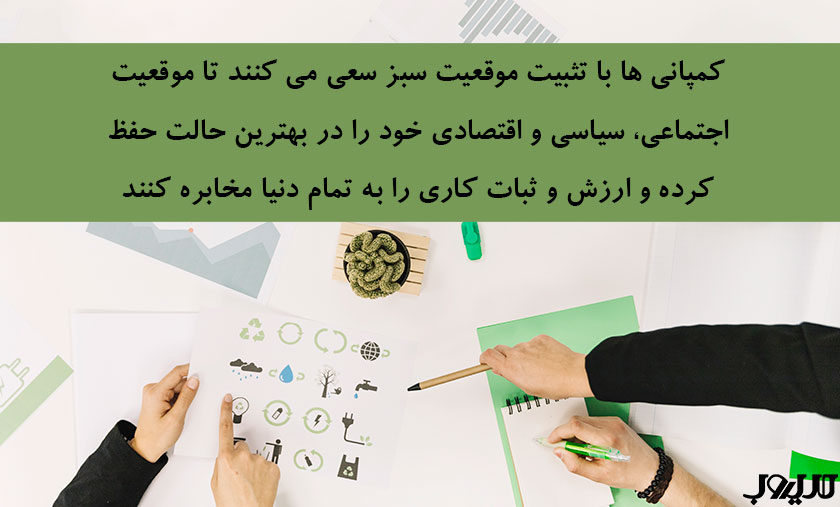 کمپانی ها با تثبیت موقعیت سبز سعی می کنند تا موقعیت اجتماعی سیاسی و اقتصادی خود را در بهترین حالت حفظ کرده و ارزش و ثبات کاری را به تمام دنیا مخابره کنند 