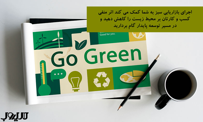 عکس نوشته درباره اجرای بازاریابی سبز به شما کمک می کند اثر منفی کسب و کارتان بر محیط زیست را کاهش دهید و در مسیر توسعه پایدار گام بردارید