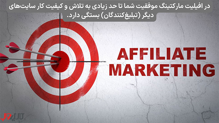 عکس نوشته ای درباره اینکه در افیلیت مارکتینگ موفقیت شما تا حد زیادی به تلاش و کیفیت کار سایت‌های دیگر (تبلیغ‌کنندگان) بستگی دارد.