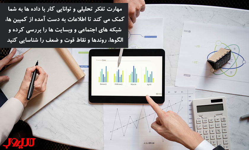 مشاغل دیجیتال مارکتینگ، معرفی و درآمد تخمینی آنها 5 مهارت تفکر تحلیلی و توانایی کار با داده ها به شما کمک می کند تا اطلاعات به دست آمده از کمپین ها شبکه های اجتماعی و وبسایت ها را بررسی کرده و الگو روند ها و نقاط قوت و ضعف را شناسایی کنید