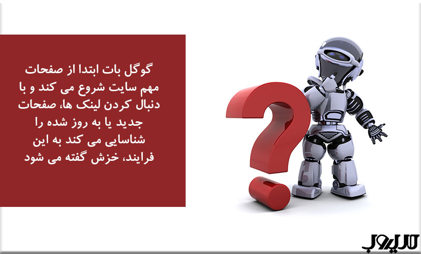 گوگل بات یا ربات گوگل (Googlebot) چیست؟ 1 گوگل بات ابتدا از صفحات مهم سایت شروع می کند و با دنبال کردن لینک ها صفخات جدید یا به روز شده را شناسایی می کند به این فرایند خزش گفته می شود