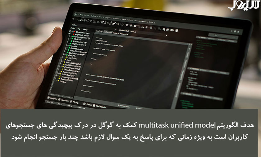 عکس نوشته ای درباره اینکه هدف الگوریتم (MUM - Multitask Unified Model) کمک به گوگل در درک پیچیدگی‌های جستجوهای کاربران است، به‌ویژه زمانی که برای پاسخ به یک سوال لازم باشد چندبار جستجو انجام شود.