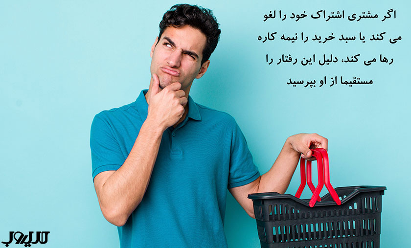عکس نوشته ای درباره اینکه اگر مشتری اشتراک خود را لغو می‌کند یا سبد خرید را نیمه‌کاره رها می‌کند، دلیل این رفتار را مستقیما از او بپرسید.
