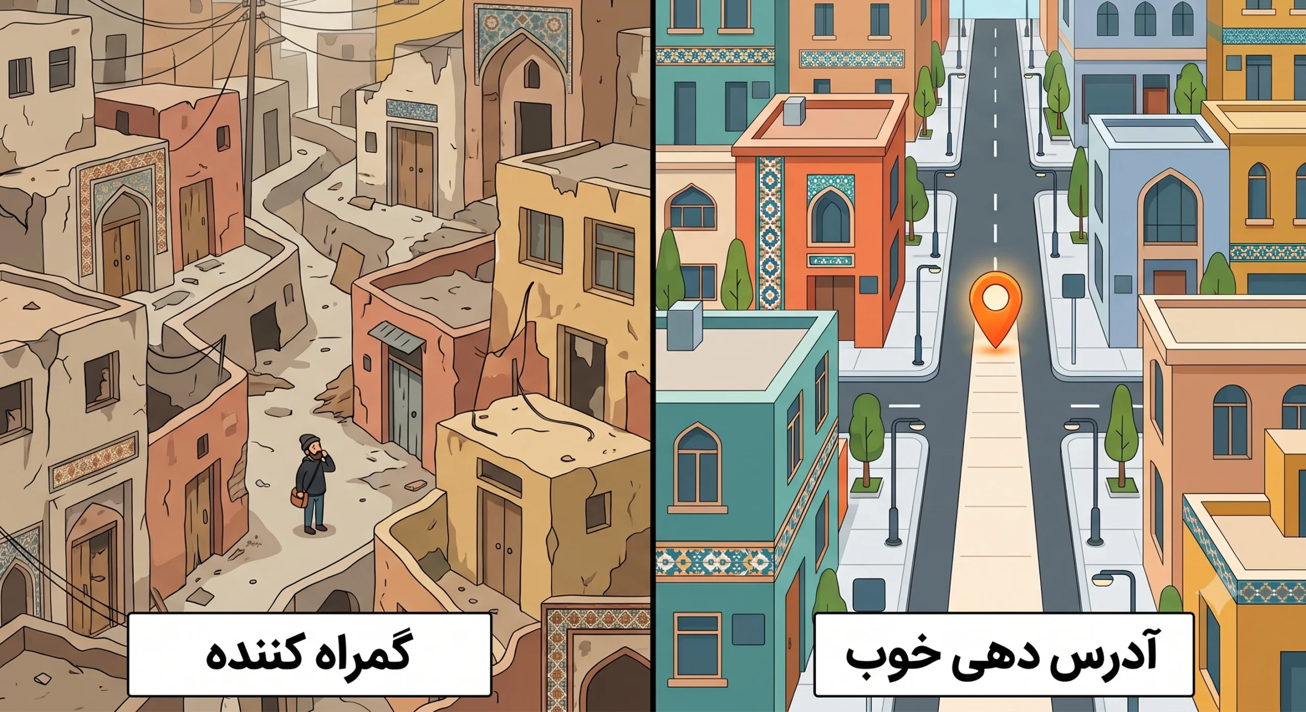 آموزش بهینهسازی ساختار URL در سئو : معرفی بهترین ساختار 1 مقایسهای کوچه قدیمی و شلوغ تهران در برابر مسیر منظم و آدرسدهیشده، بهعنوان استعاره از تفاوت ساختار url آشفته و ساختار url استاندارد در سئو